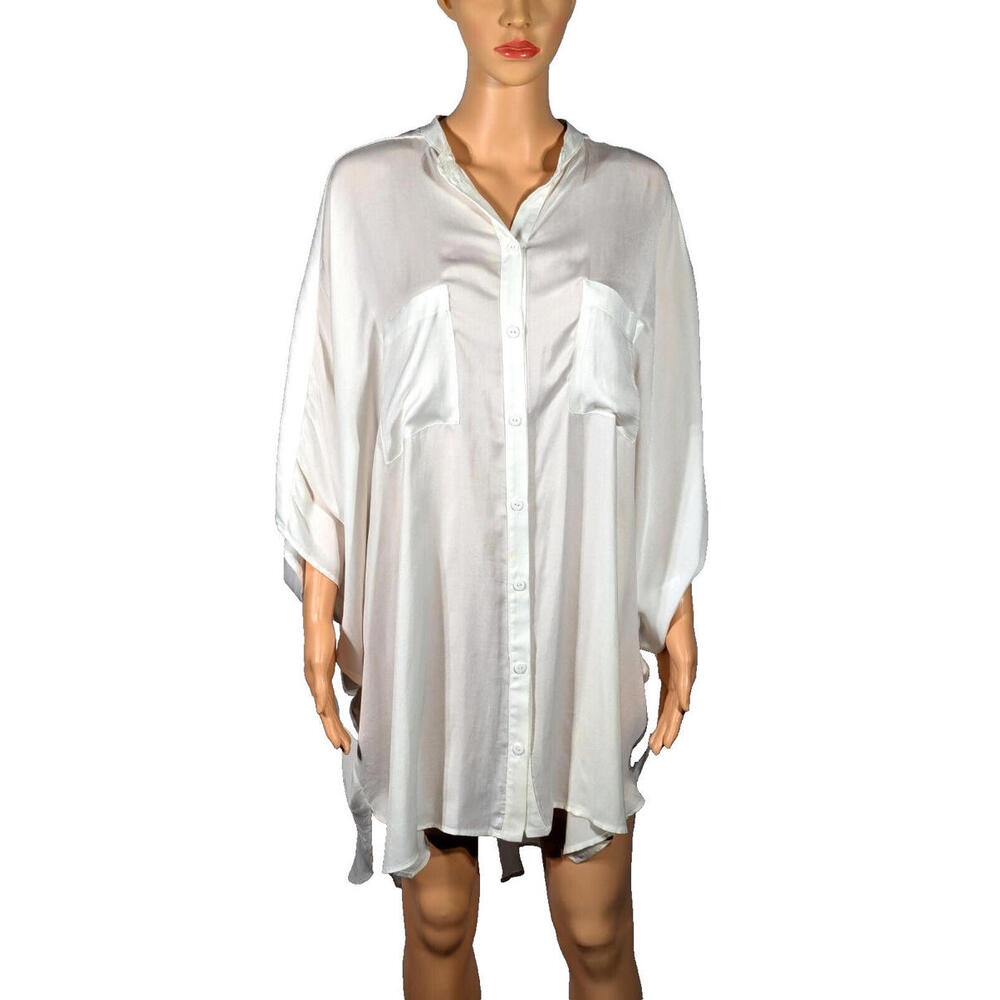 White/Ivory Dress Shirt Med Button Light Beachy Flowy Resort Cruise Cover Up